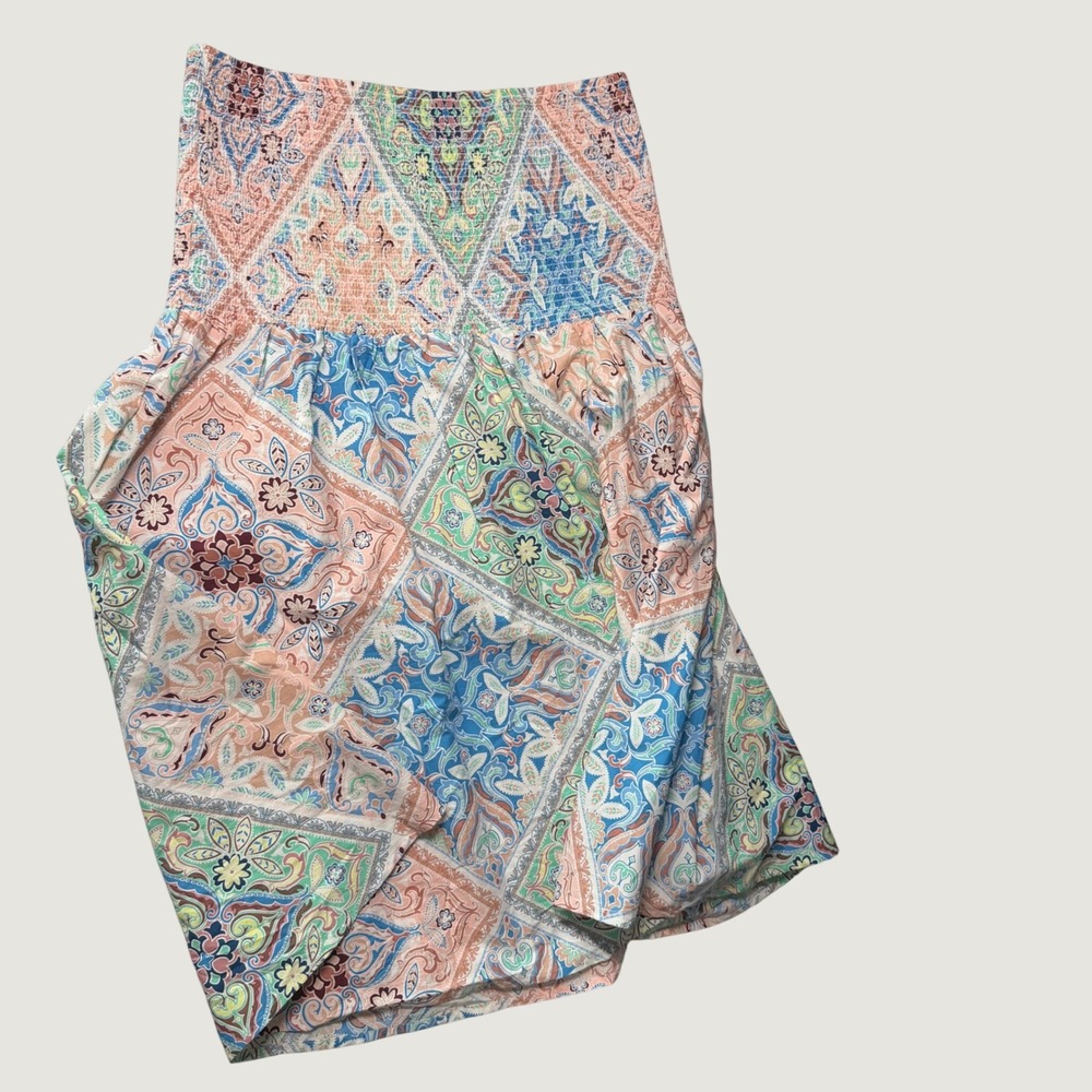 Venus Maxi Skirt Cotton Patchwork Medallion Smocked Waist Boho Festival M